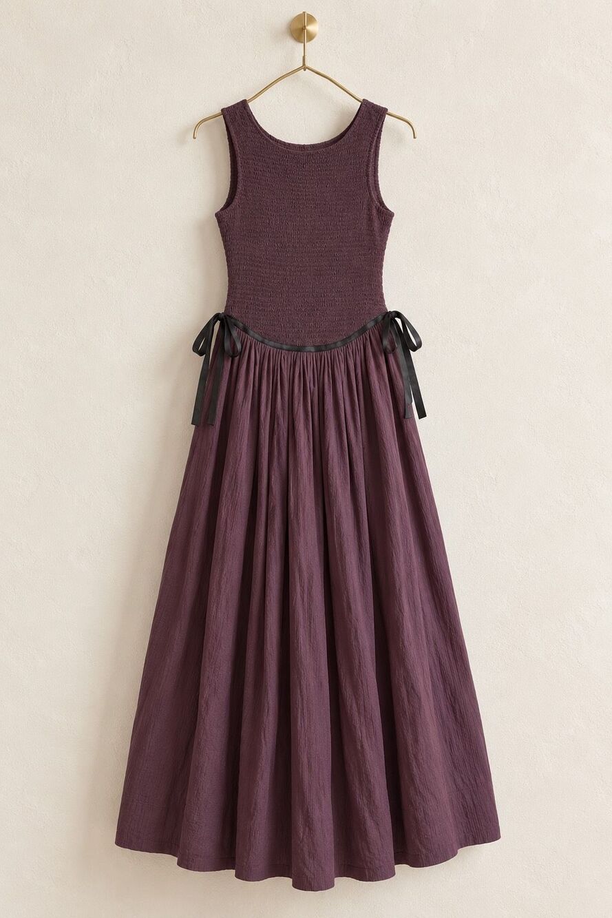 NWT Free People Nightingale Seersucker Midi Dress Plum Smocked Drop Waist, XS $1 - Picture 2 of 10